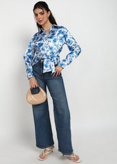 "Blue Mirage" Satin Tie-Front Shirt – Royal Blue