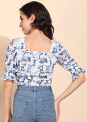 "Blue Bloom" Puff Sleeve Crop Top