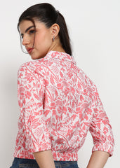 "Petal Muse" Printed Button-Down Top – Peach