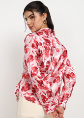 "Rosy Bloom" Poly Satin Tie-Front Shirt – Blush Pink