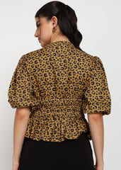 "Savannah Muse" Leopard Smocked Peplum Top – Mustard
