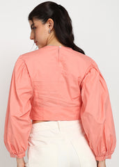 "Coral Breeze" Gathered Cotton Satin Crop Top – Coral