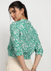 "Verdant Charm" Printed Button-Down Shirt – Green