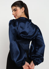 "Midnight Ember" Satin Structured Wrap Blouse – Navy
