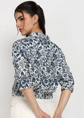 "Midnight Bloom" Printed Button-Down Shirt – Navy & White