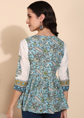 "Blue Orchard" Pure Cotton Printed Top