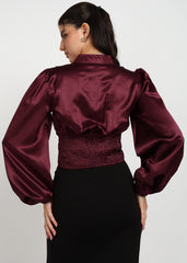 "Velvet Ember" Satin Structured Wrap Blouse – Wine