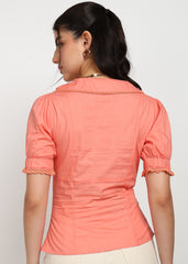 "Coral Charm" Lace-Trim Cotton Satin Blouse – Coral
