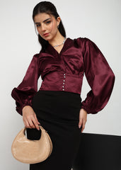 "Velvet Ember" Satin Structured Wrap Blouse – Wine