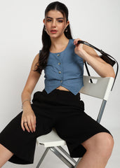 "Slate Edge" Sleeveless Cavalry Twill Crop Waistcoat – Blue
