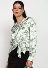 "Olive Whisper" Satin Tie-Front Shirt – Olive Green