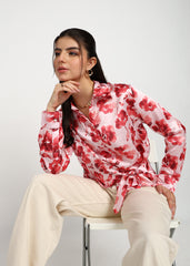 "Rosy Bloom" Poly Satin Tie-Front Shirt – Blush Pink