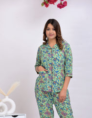 "Mint Bloom" Printed Viscose Night Suit