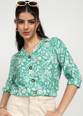 "Verdant Charm" Printed Button-Down Shirt – Green