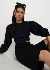 "Midnight Air" Gathered Cotton Satin Crop Top – Navy