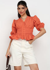 "Coral Ember" Smocked Peplum Top – Coral