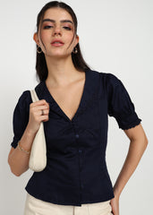 "Midnight Grace" Lace-Trim Cotton Satin Blouse – Navy