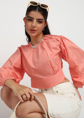 "Coral Breeze" Gathered Cotton Satin Crop Top – Coral