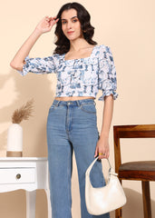 "Blue Bloom" Puff Sleeve Crop Top