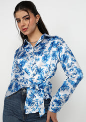 "Blue Mirage" Satin Tie-Front Shirt – Royal Blue