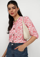 "Petal Muse" Printed Button-Down Top – Peach