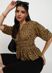 "Savannah Muse" Leopard Smocked Peplum Top – Mustard