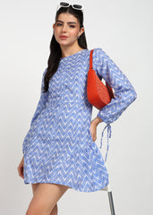 “Indigo Chevron” Polyester Mini Dress