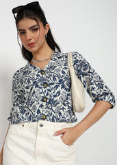"Midnight Bloom" Printed Button-Down Shirt – Navy & White
