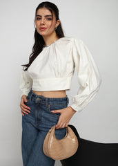 "Ivory Whisper" Gathered Cotton Satin Crop Top – Ivory
