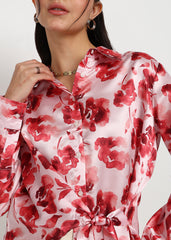 "Rosy Bloom" Poly Satin Tie-Front Shirt – Blush Pink
