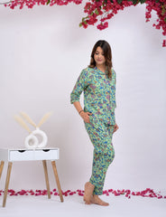 "Mint Bloom" Printed Viscose Night Suit