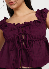 "Rosette Ruffle" Tie-Front Textured Crop Top – Wine
