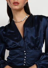 "Midnight Ember" Satin Structured Wrap Blouse – Navy
