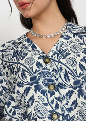 "Midnight Bloom" Printed Button-Down Shirt – Navy & White