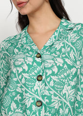 "Verdant Charm" Printed Button-Down Shirt – Green