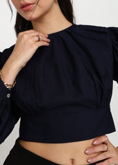 "Midnight Air" Gathered Cotton Satin Crop Top – Navy