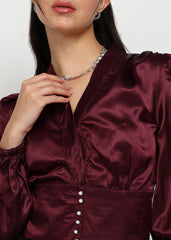 "Velvet Ember" Satin Structured Wrap Blouse – Wine
