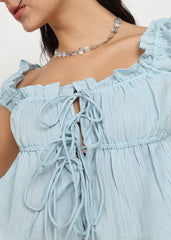 "Rosette Ruffle" Tie-Front Textured Crop Top – Sky Blue