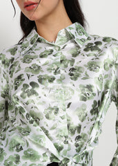 "Olive Whisper" Satin Tie-Front Shirt – Olive Green