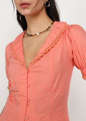 "Coral Charm" Lace-Trim Cotton Satin Blouse – Coral