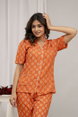 "Tangerine Bloom" Printed Viscose Night Suit