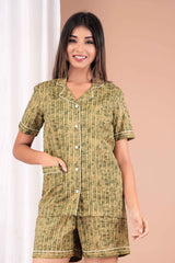 "Olive Trail" Printed Viscose Shorts Night Suit