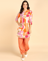 Orange Block Pattern Printed Long Cord Set For Women - Viscose