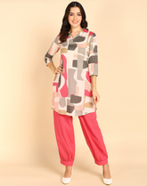 Pink Block Pattern Printed Long Cord Set For Women - Viscose