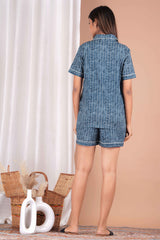 "Indigo Drift" Printed Viscose Shorts Night Suit
