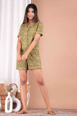"Olive Trail" Printed Viscose Shorts Night Suit