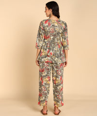 Grey Peplum Style Cord Set For Women - Cotton