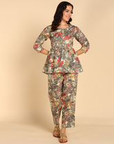 Grey Peplum Style Cord Set For Women - Cotton