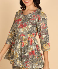 Grey Peplum Style Cord Set For Women - Cotton