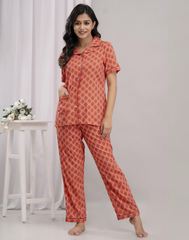 "Coral Bloom" Printed Viscose Night Suit